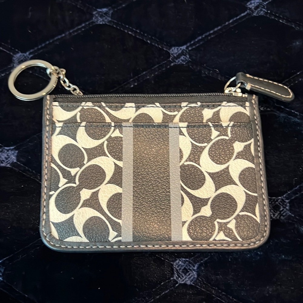 Coach Card Case Card Holder Zipped Monogram Leather Key Chain Ring Black